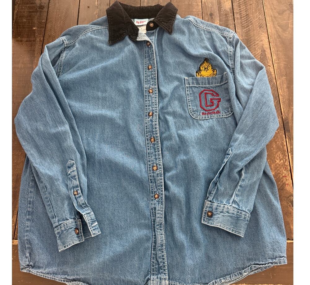 Dr. Seuss Mr. Grinch Denim Button Shirt Corduroy Collar Adult Medium Blue